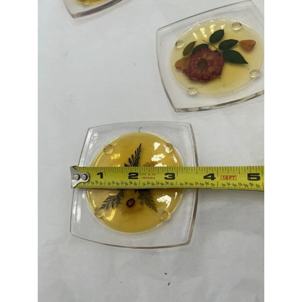 VTG Lucite Acrylic Coasters Set of 5 Dried Pressed Flowers Resin Footed MCM